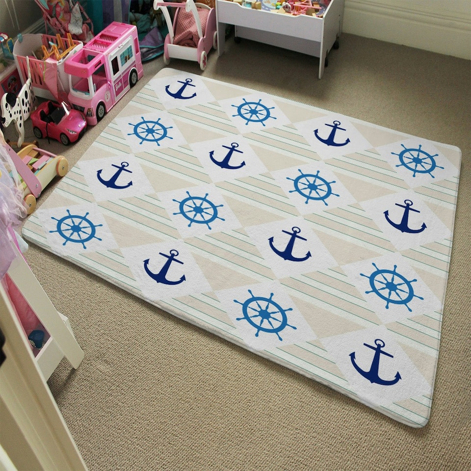 image 1 of Nautical Elements on Striped Background (Rug) Blue | Small: 60x110cm