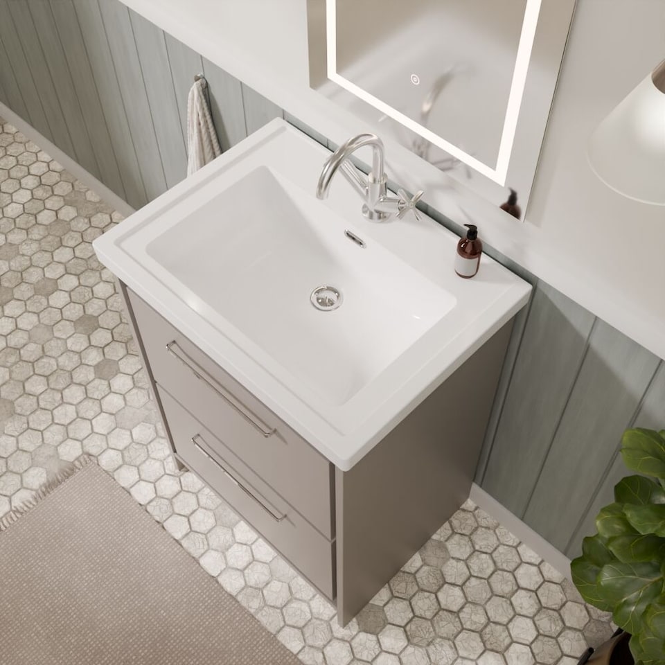 image 1 of Balterley Modern Bathroom Floor Standing 2-Drawer Vanity Unit with Fireclay Basin - 1 Tap Hole | Grey | Pebble Grey | 1