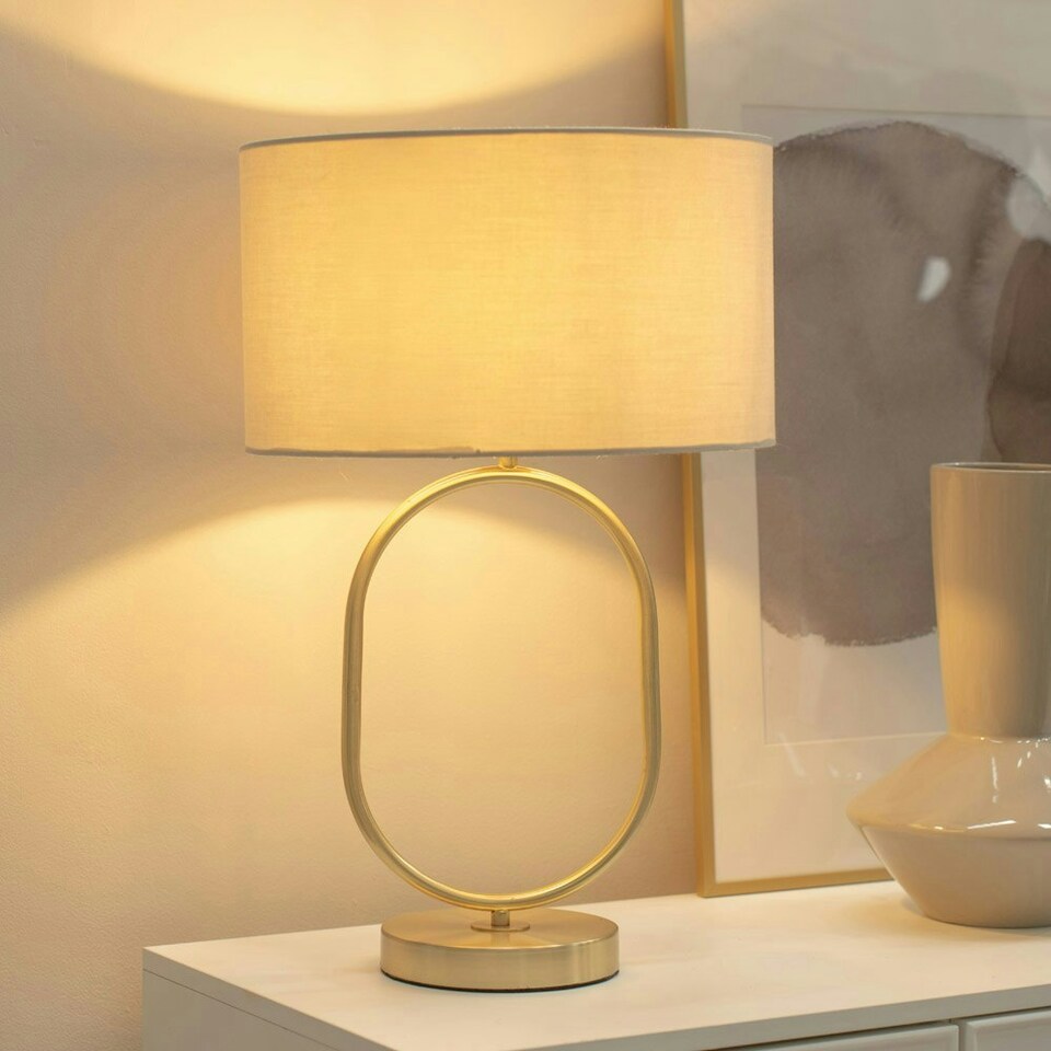 image 1 of ValueLights Antonia Natural Fabric Drum Lamp Shade Brushed Gold Oval Table Lamp Gold