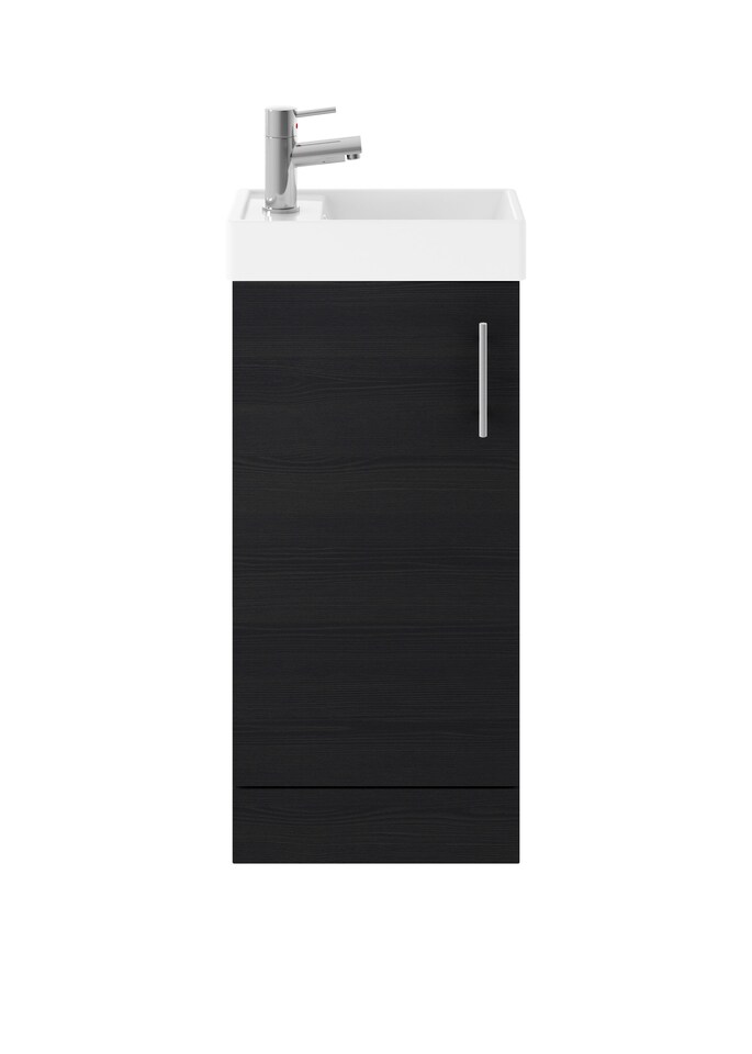 image 1 of Balterley Saint Contemporary Bathroom Floor Standing 1 Soft-Close Door Vanity Unit & Rectangular Basin | Black | Black Woodgrain | 1
