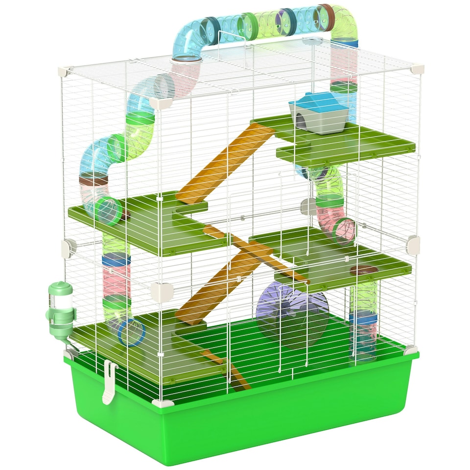 image 1 of PawHut Hamster Cage w/ Water Bottle, Exercise Wheel, Tubes, Ramps - Green
