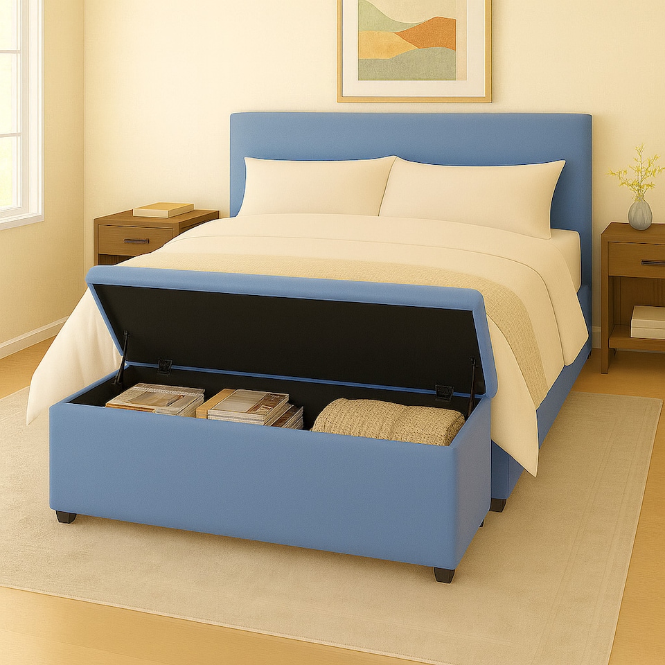 image 1 of 150cm Chesterfield Plush Velvet Duck Egg Upholstered Storage Ottoman Bench - Deep Tufted Lid & Wooden Leg