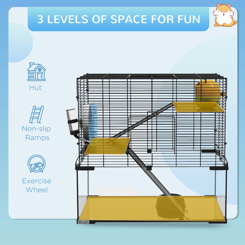 image 1 of PawHut 3 Tiers Hamster Cage w/ Deep Glass Bottom, Dish, Hut, 60 x 40 x 54.5cm