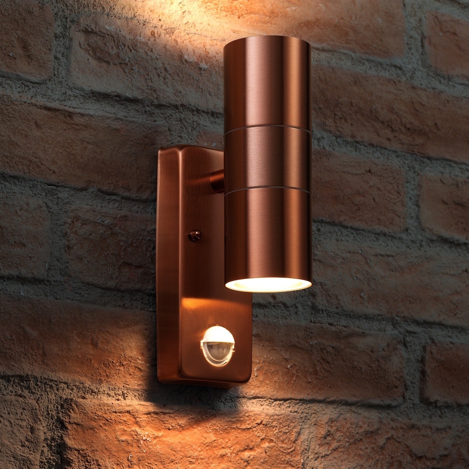 image 1 of Auraglow PIR Motion Sensor Up & Down Outdoor Wall Security Light - WARMINSTER - Copper | Copper | Copper/Warm White