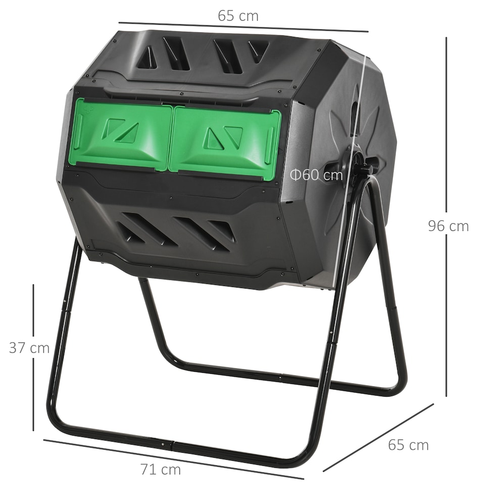 image 1 of (Black, 160L) Outsunny Outdoor Tumbling Compost Bin with Dual Chamber