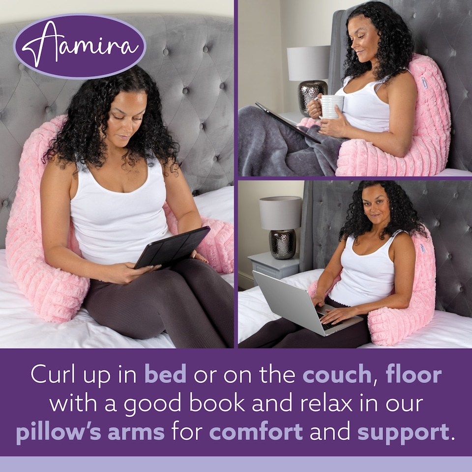 image 1 of Aamira Reading Pillow Pink Faux Fur Ribbed Memory Foam Support Cushion | Pink | Pink | Standard | 1