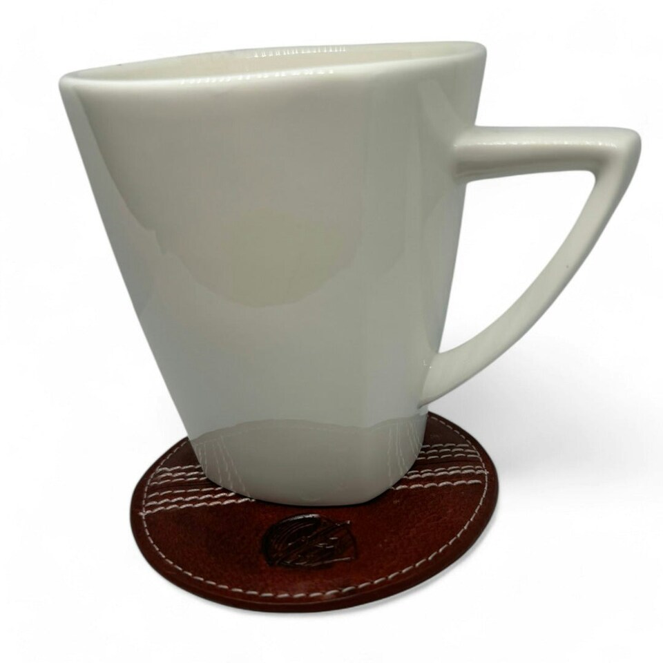 image 1 of CRICKET-GIFTS - Buffalo Leather Coaster | White Cricket Ball Stitching