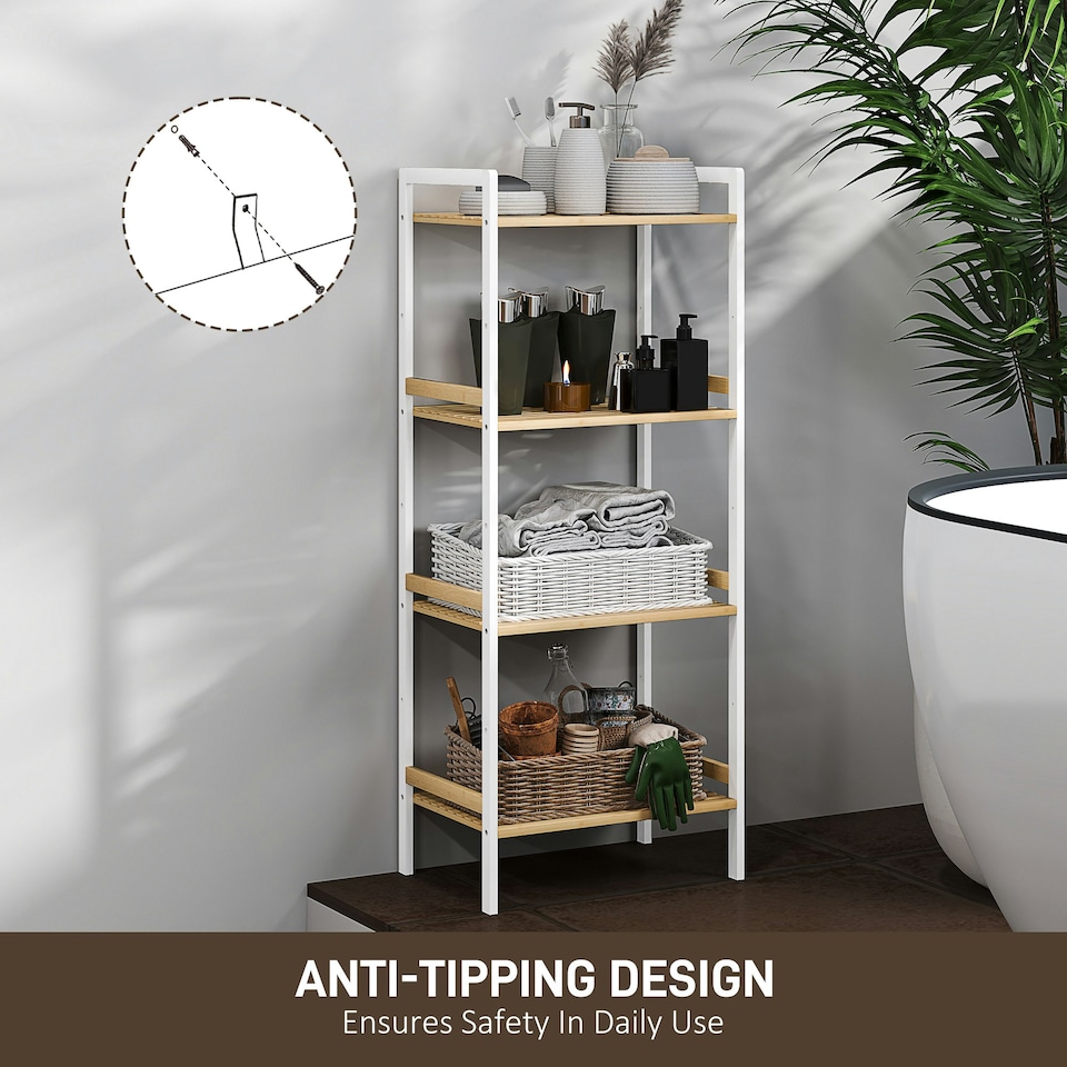 image 1 of HOMCOM 4-Tier Bamboo Bathroom Shelf with Adjustable Rack, Natural, White