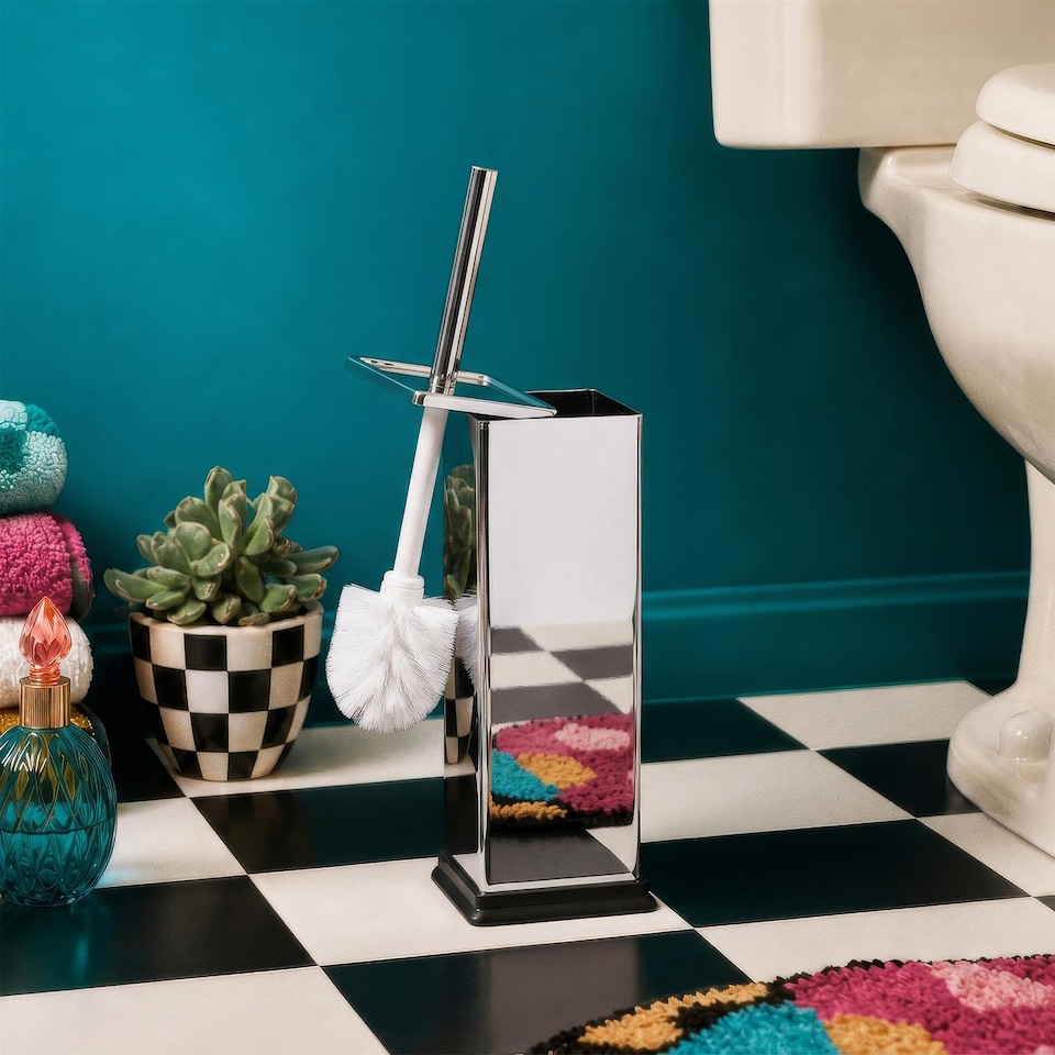 image 1 of Harbour Housewares Chrome Toilet Brush and Holder - Square Brush with Non Slip Base Rust Resistant Toilet Cleaning Brush Set