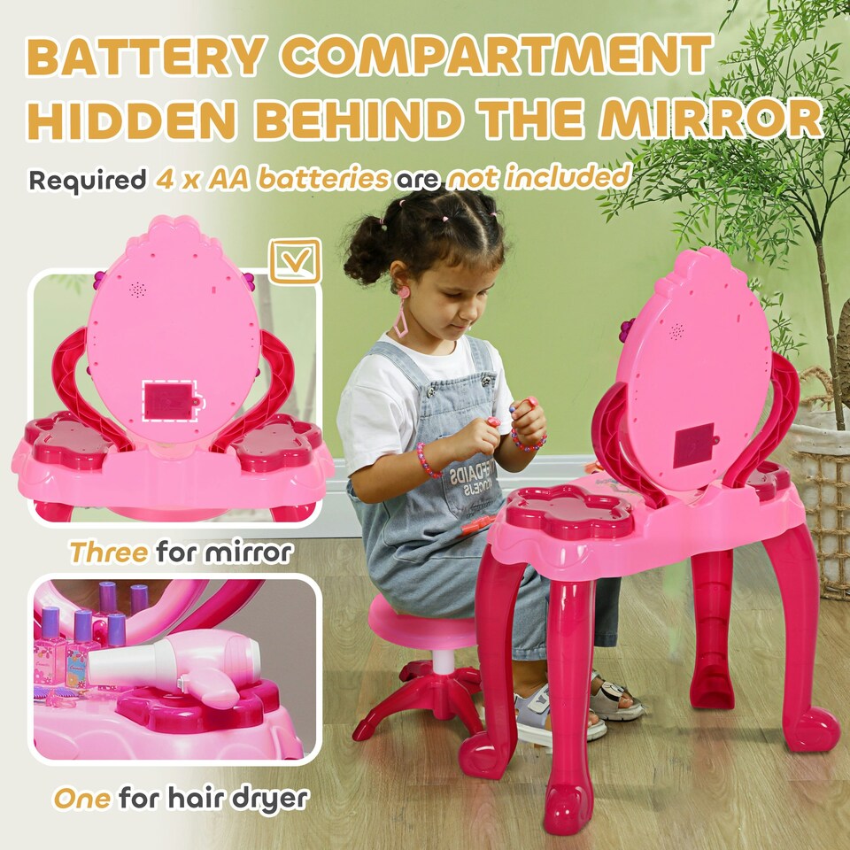 image 1 of AIYAPLAY Kids Dressing Table with Mirror, Stool, Lights, 15 Accessories