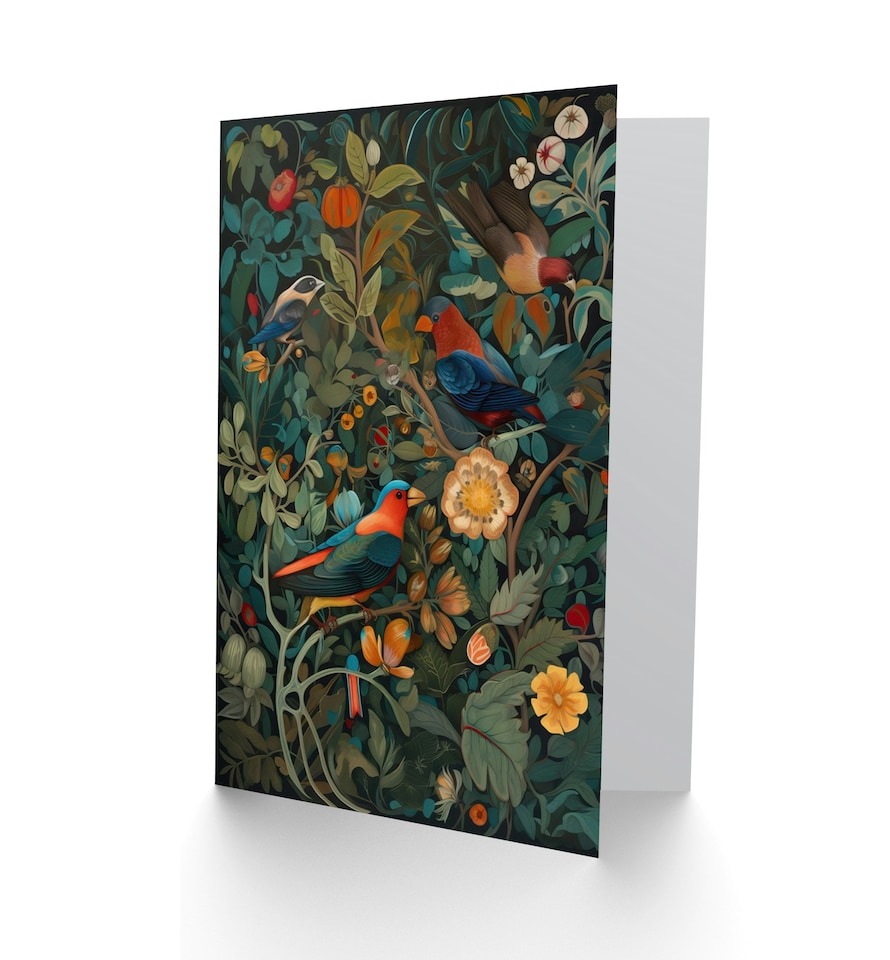 image 1 of Parrot Birds in Exotic Blooming Jungle Folk Art Nature Greeting Card