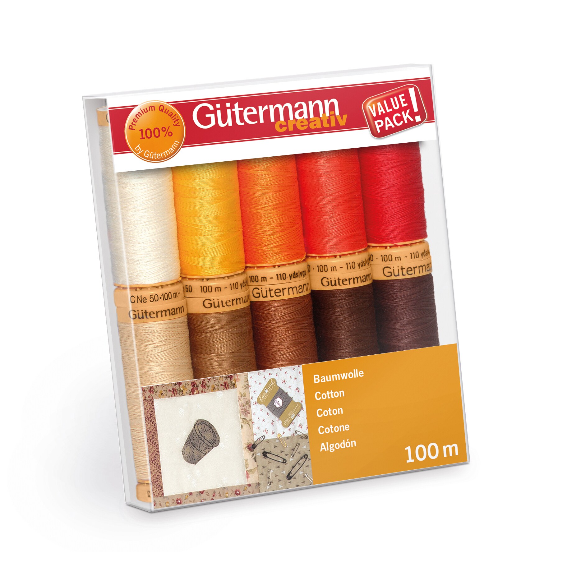 Gutermann Natural Cotton Thread Set - 10x100m C No.50, Assorted Colours for Quilting & Patchwork