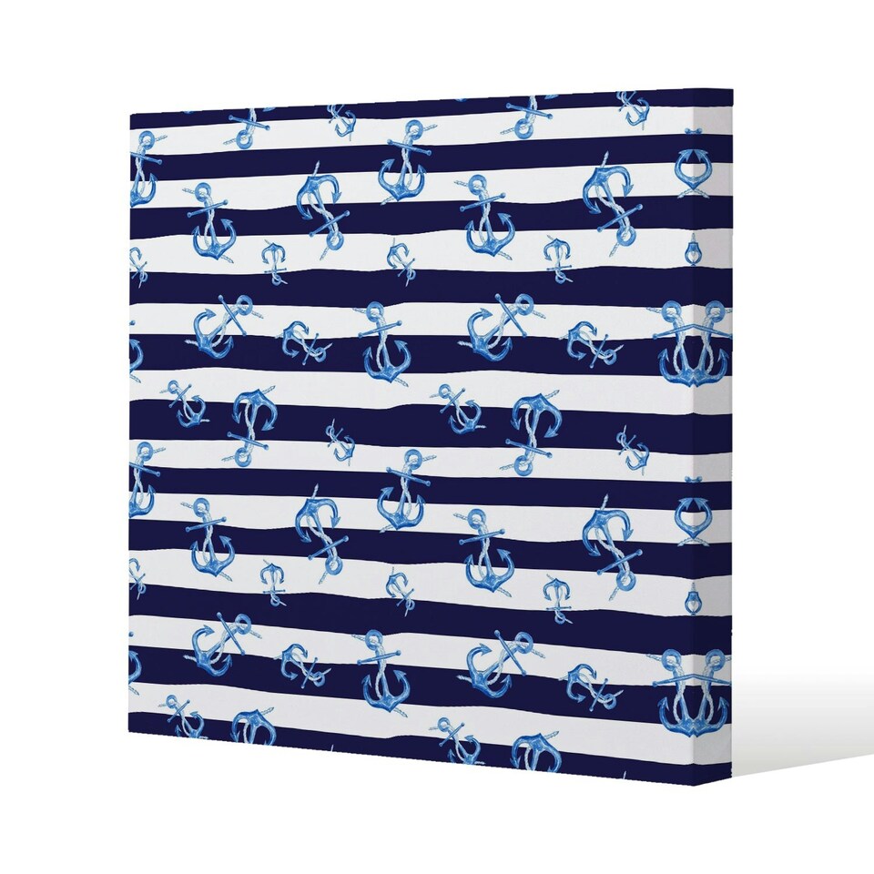 image 1 of Blue Anchors on Navy Striped Background (Canvas Print) 127 x 127 x 4cm