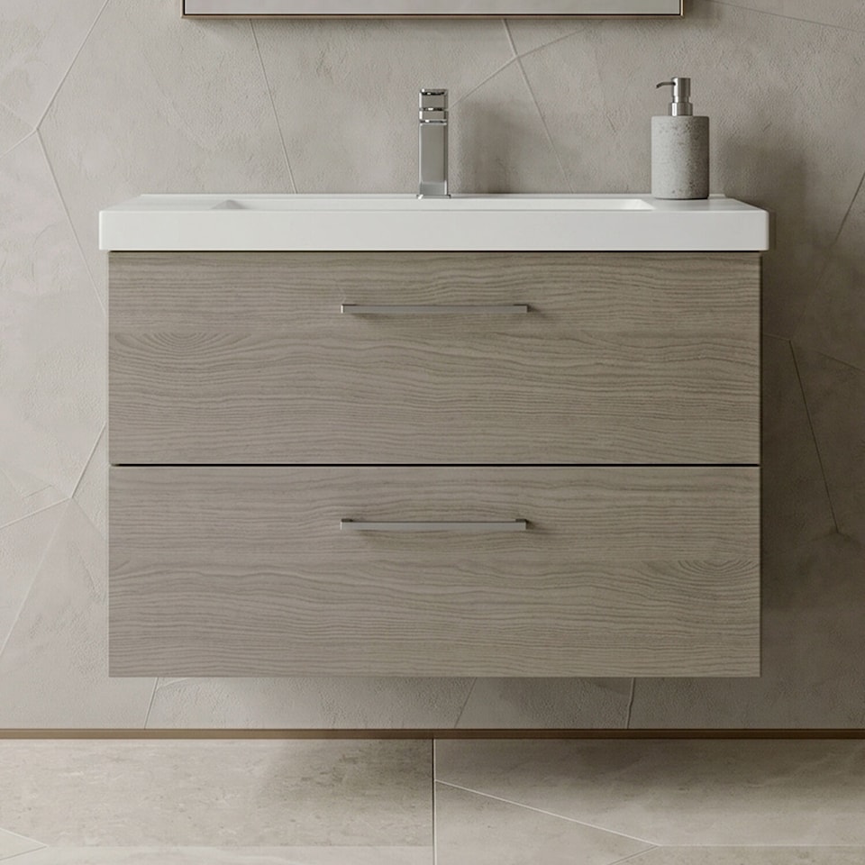 image 1 of Balterley Wall Hung Bathroom 2 Drawer Vanity Unit and 1 Tap Hole Ceramic Basin, Woodgrain Mid Oak & Handles | Brown