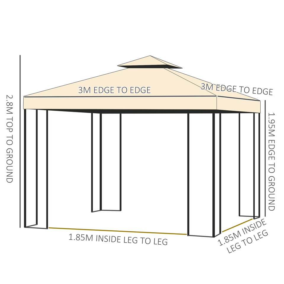 image 1 of Outsunny 3(m) x 3(m) Garden Gazebo, Double Roof Outdoor Gazebo Canopy Shelter with Netting, Solid Steel Frame, for Garden, Lawn and Deck, Beige