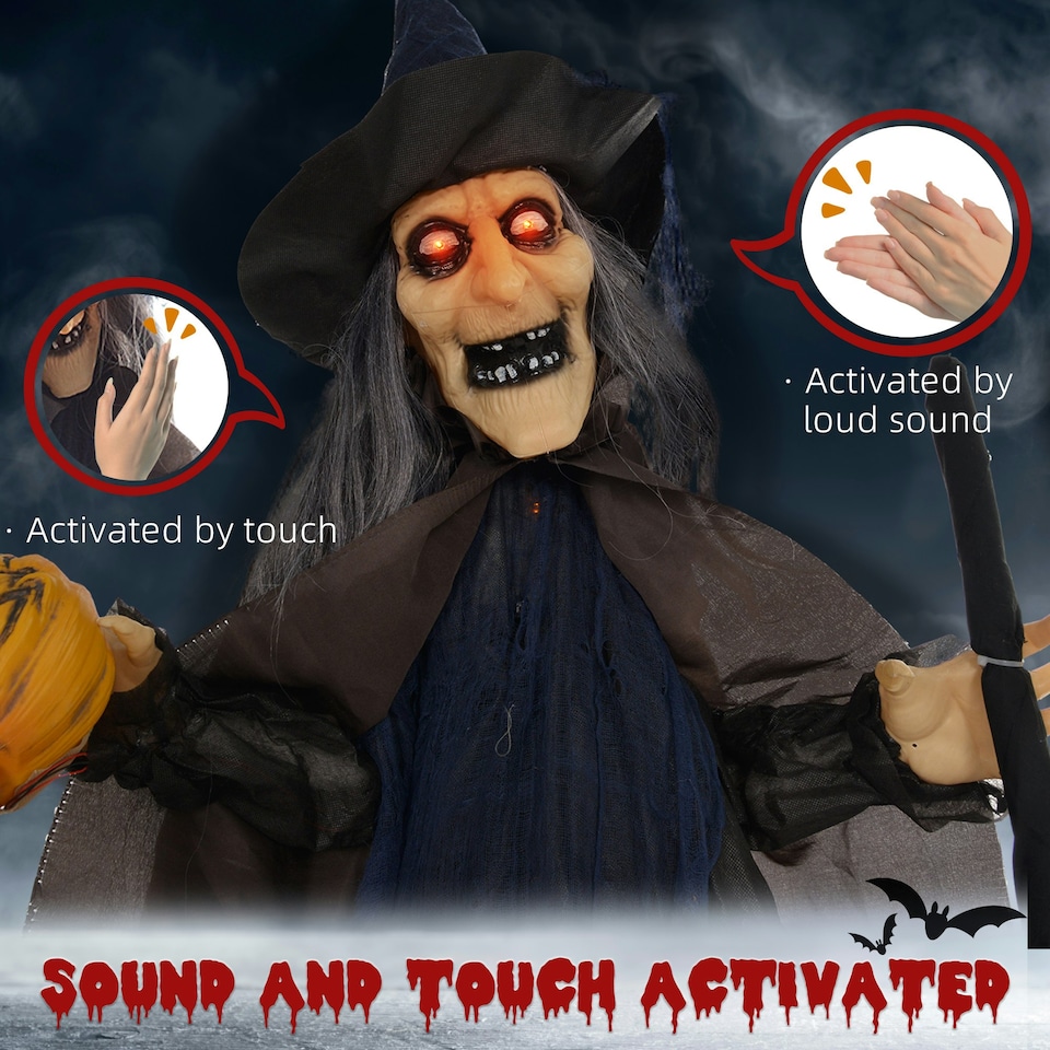 image 1 of HOMCOM Halloween Witch with Broomstick Animatronic Prop with Light Up Eyes