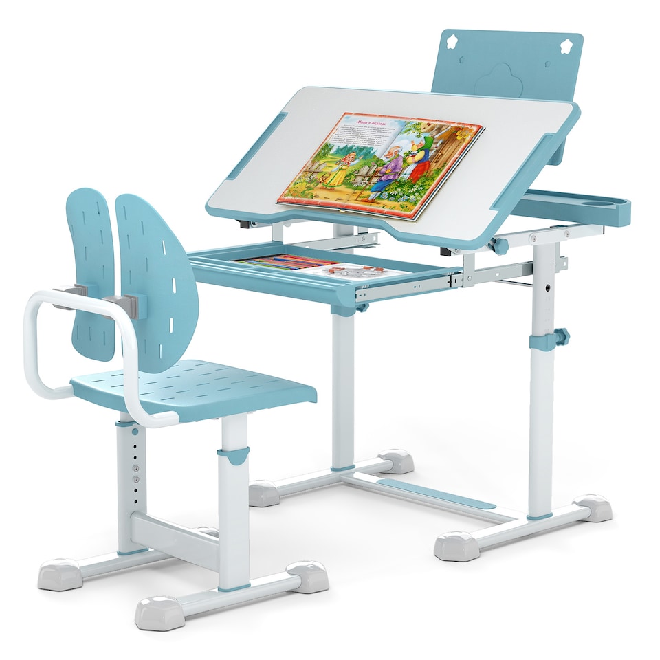image 1 of COSTWAY Kids Study Desk & Chair Set Height-Adjustable Children Study Desk-Blue