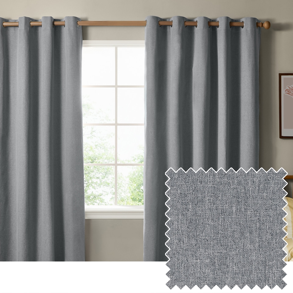 image 1 of Furn The Ultimate Blackout Textured Woven Eyelet Curtain Pair | Blue | Denim | 1