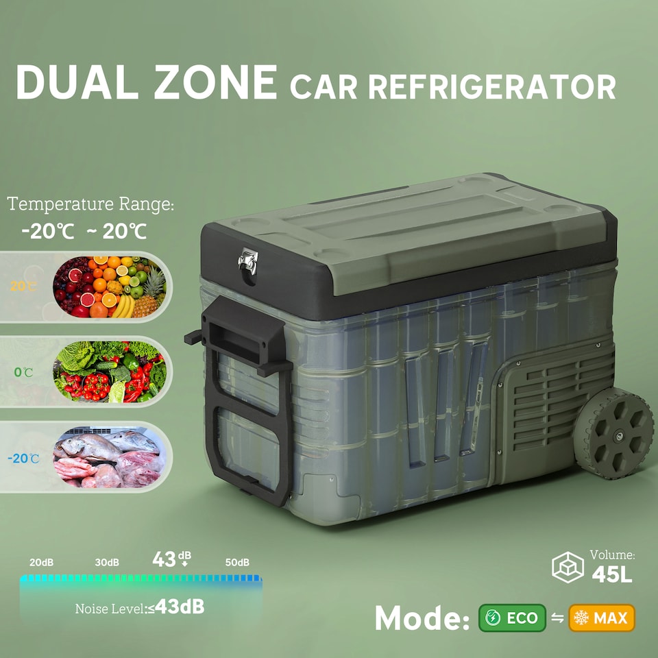 image 1 of Outsunny 33L Car Fridge Freezer Dual Zone, Portable Camping Fridge 12V/24V DC & 100-240V AC, Electric Cool Box -20℃-20℃ with Wheels and LED Light, for Travel, RV, Road Trip, Picnic [Energy Class E]