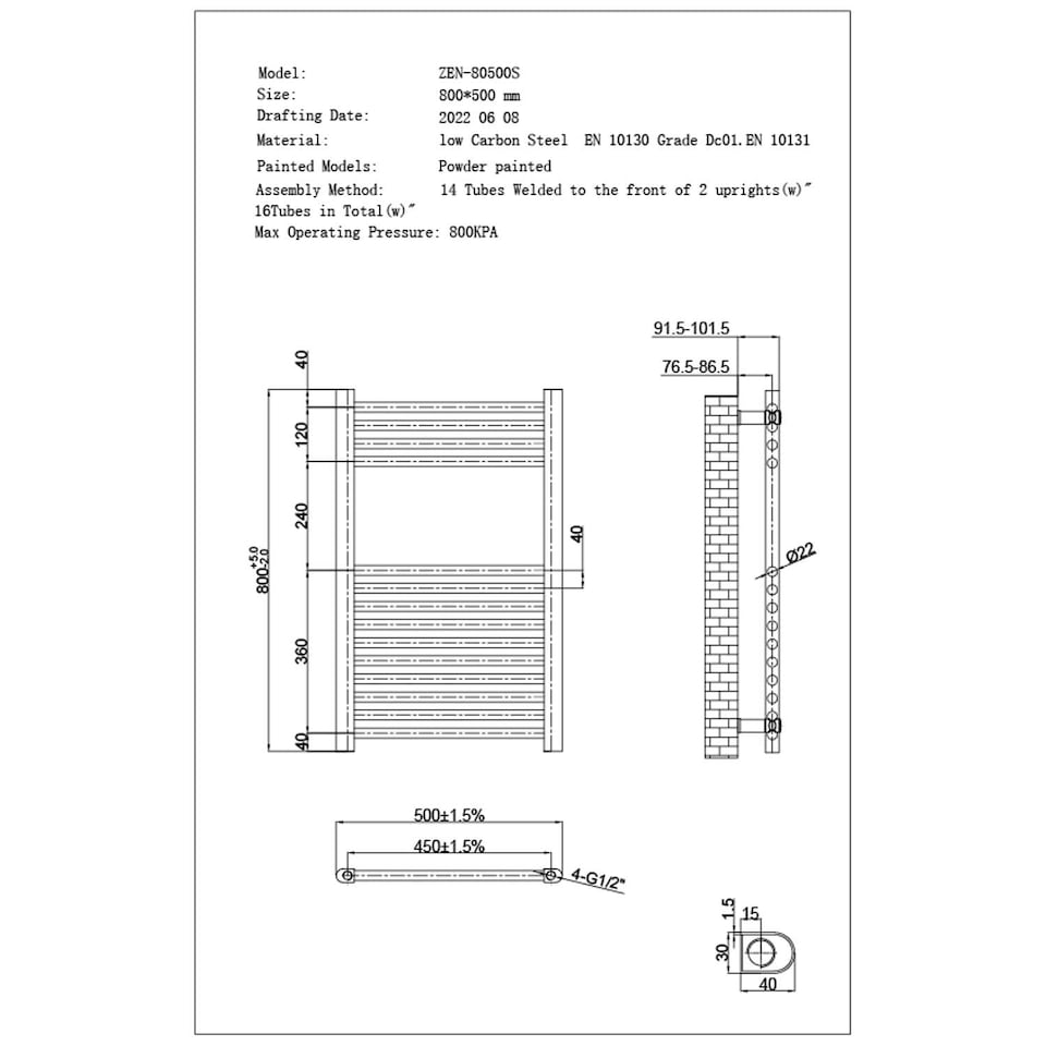 image 1 of Zennor - Chrome Heated Towel Rail - H800mm x W500mm - Straight