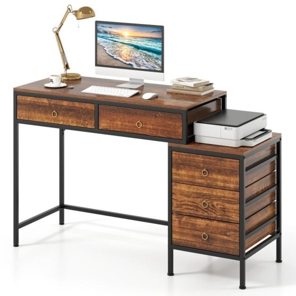 image 1 of COSTWAY Computer Desk with 5 Drawers and Side File Cabinet Brown Brown