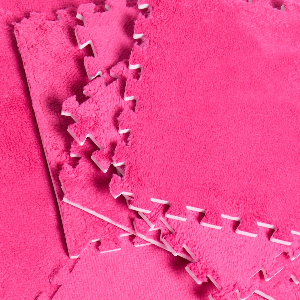 image 1 of OHS 9 x Teddy Fleece Interlocking Foam Floor Tiles Yoga Kids Mat Carpet | Pink | Hot Pink