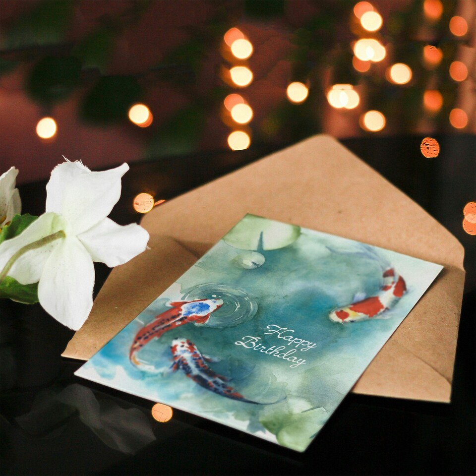 image 1 of Happy Birthday Japanese Koi Fish and Lily Pads Birthday Card