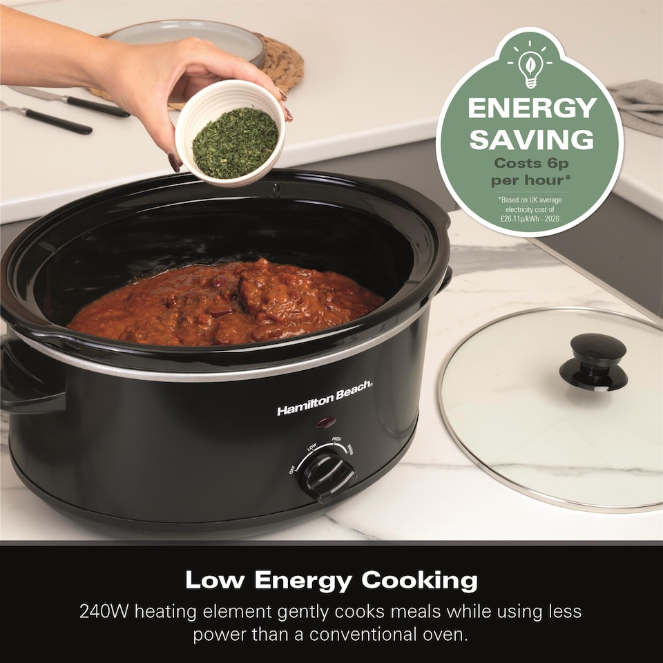 image 1 of Hamilton Beach Slow Cooker, 6.5 Litres, Family Favourite, 240W, Energy-Efficient, Removable Oven-Safe Ceramic Bowl, 3 Heat Settings, Serves 6-8 People, Easy Clean, Black - HBSC070B
