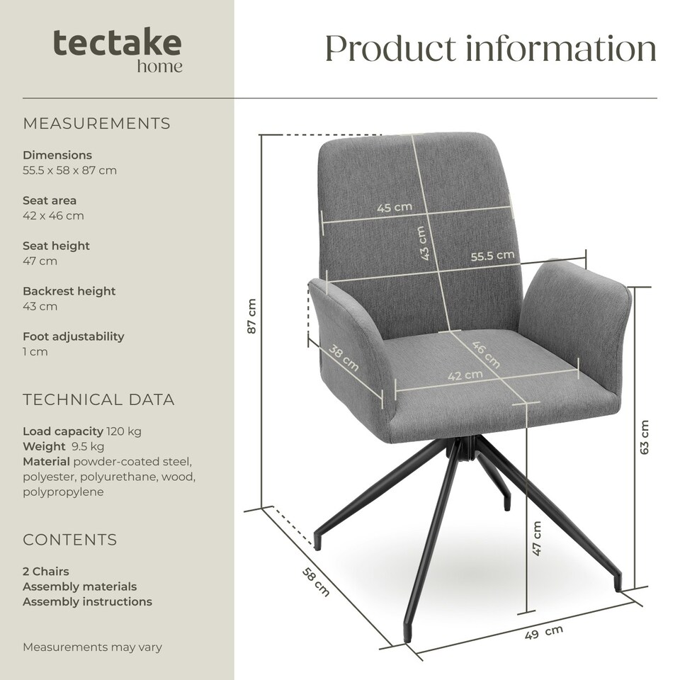 image 1 of Swivel Chair Daya - upholstered, robust fabric, 55.5 x 58 x 87 cm - Set of 2 Grey | Anthracite