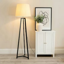 ValueLights Lottie Black Wood Tripod Floor Lamp with Beige Fabric Tapered Shade and LED Bulb