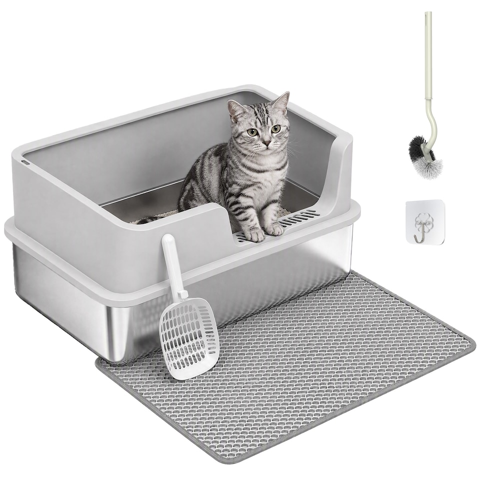 image 1 of PawHut XL Stainless Steel Cat Litter Tray w/ Lid, High Sided Cat Litter Box