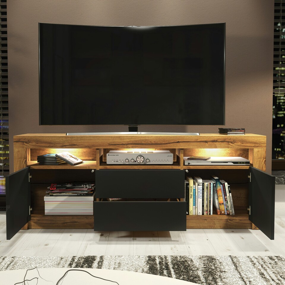 image 1 of TV Unit 160cm Black Matt Doors & Drawers Oak Matt Body Free LED Multi | Oak & Black