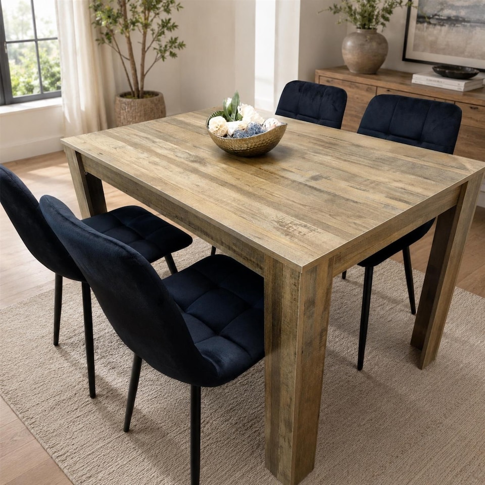 image 1 of Dining Table and 4 Chairs Rustic Effect Wood Table with 4 Black Velvet Dining Chairs