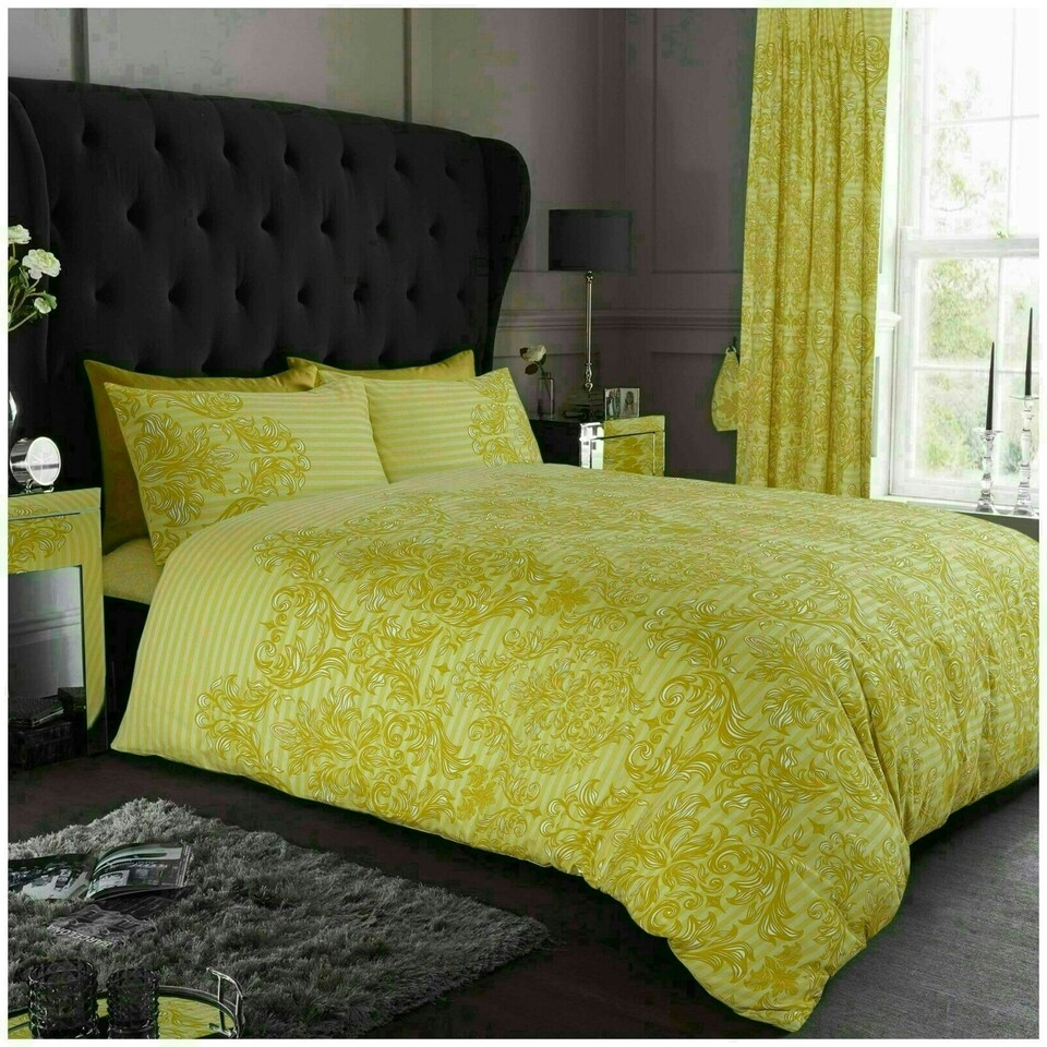 image 1 of VELVETIO Empire Damask Printed Duvet Cover Set Reversible Polycotton Beddings Yellow | Ochre | Single