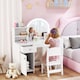 image 2 of AIYAPLAY Kids Vanity Table and Chair Set, Girls Dressing Table with 2-Colour LED Mirror, Stool, Cabinet, Drawer, Bookshelf and Shelves for Ages 3-8 Years | White