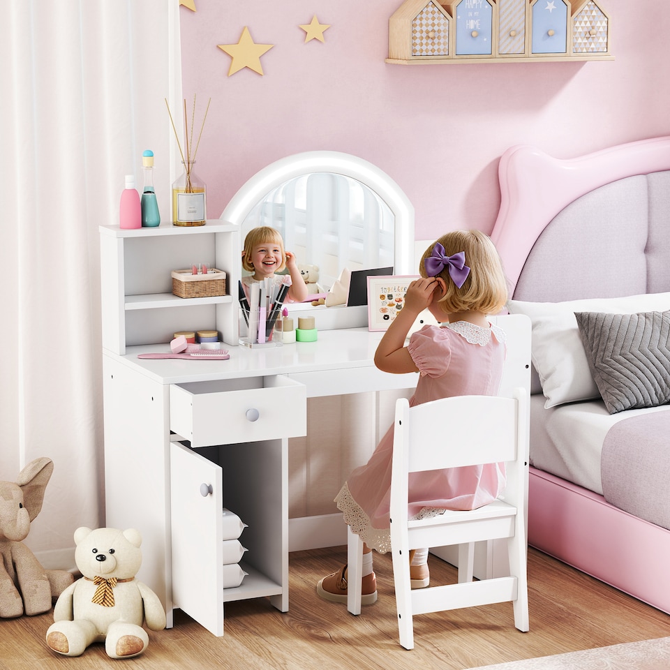 image 1 of AIYAPLAY Kids Vanity Table and Chair Set, Girls Dressing Table with 2-Colour LED Mirror, Stool, Cabinet, Drawer, Bookshelf and Shelves for Ages 3-8 Years | White