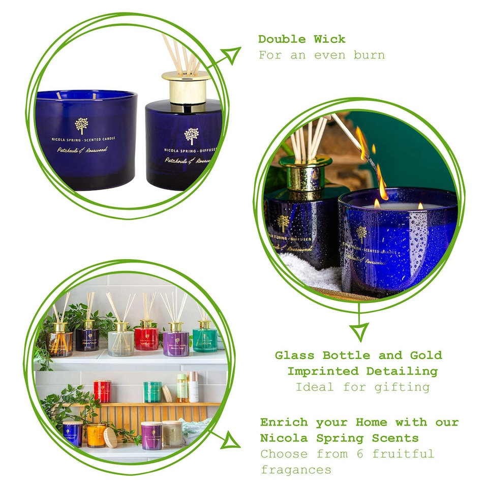 image 1 of Nicola Spring Scented Candle & Reed Diffuser Set - 350g - Patchouli & Rosewood | Blue | Blue