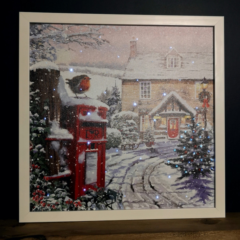 image 1 of Battery Operated 40 x 40cm Light up Snowy Christmas Robin Scene Picture Canvas