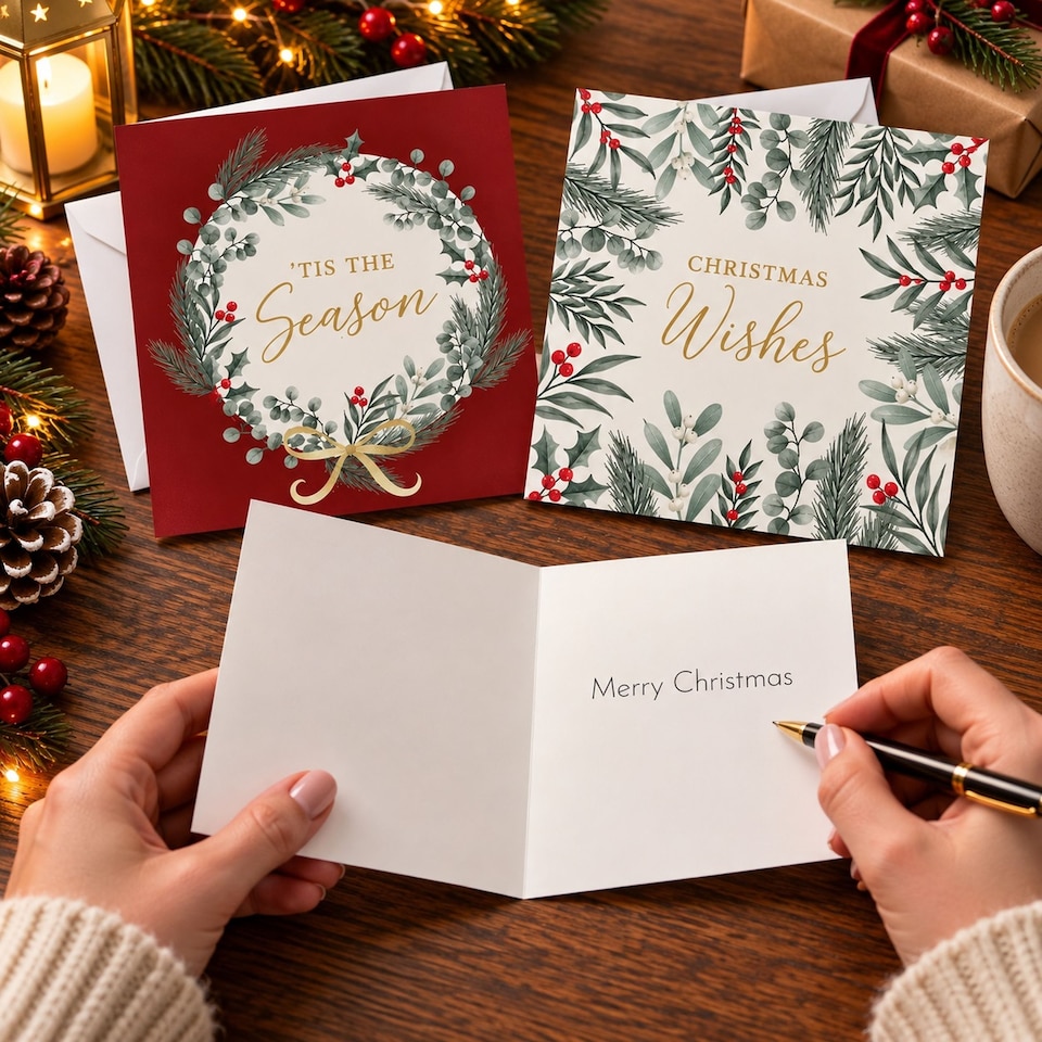 image 1 of 24 Christmas Cards With Envelopes Foliage Holly Wreath 2 Deigns