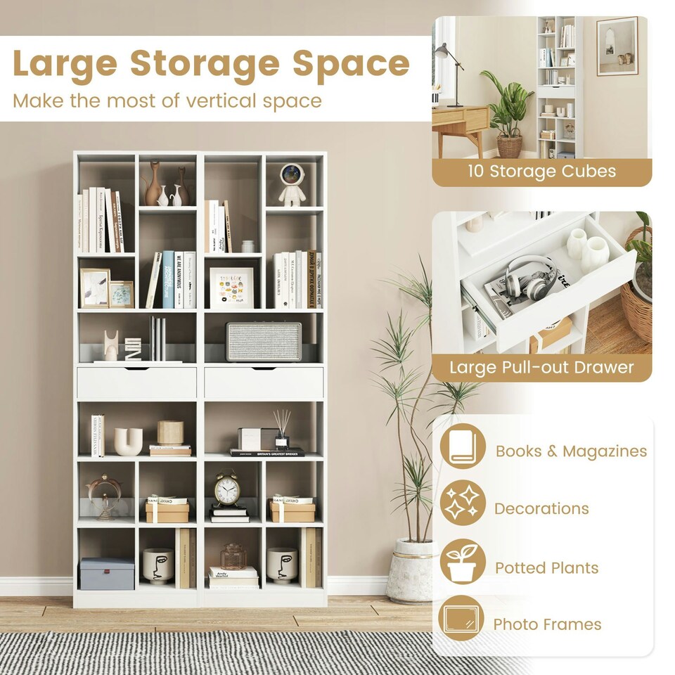 image 1 of COSTWAY 180CM Bookcase Modern Bookshelf with 10 Open Cubes White