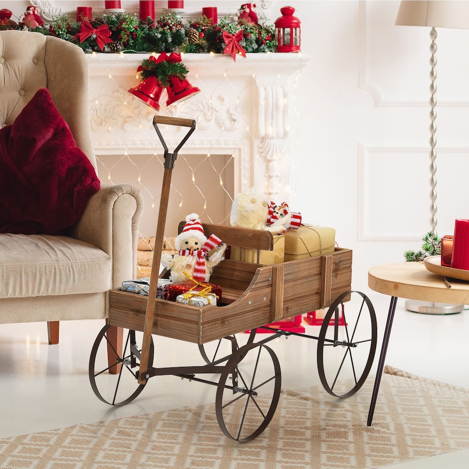 image 1 of COSTWAY Wood Wagon Flower Planter Decorative Pot Stand with Wheels-Coffee