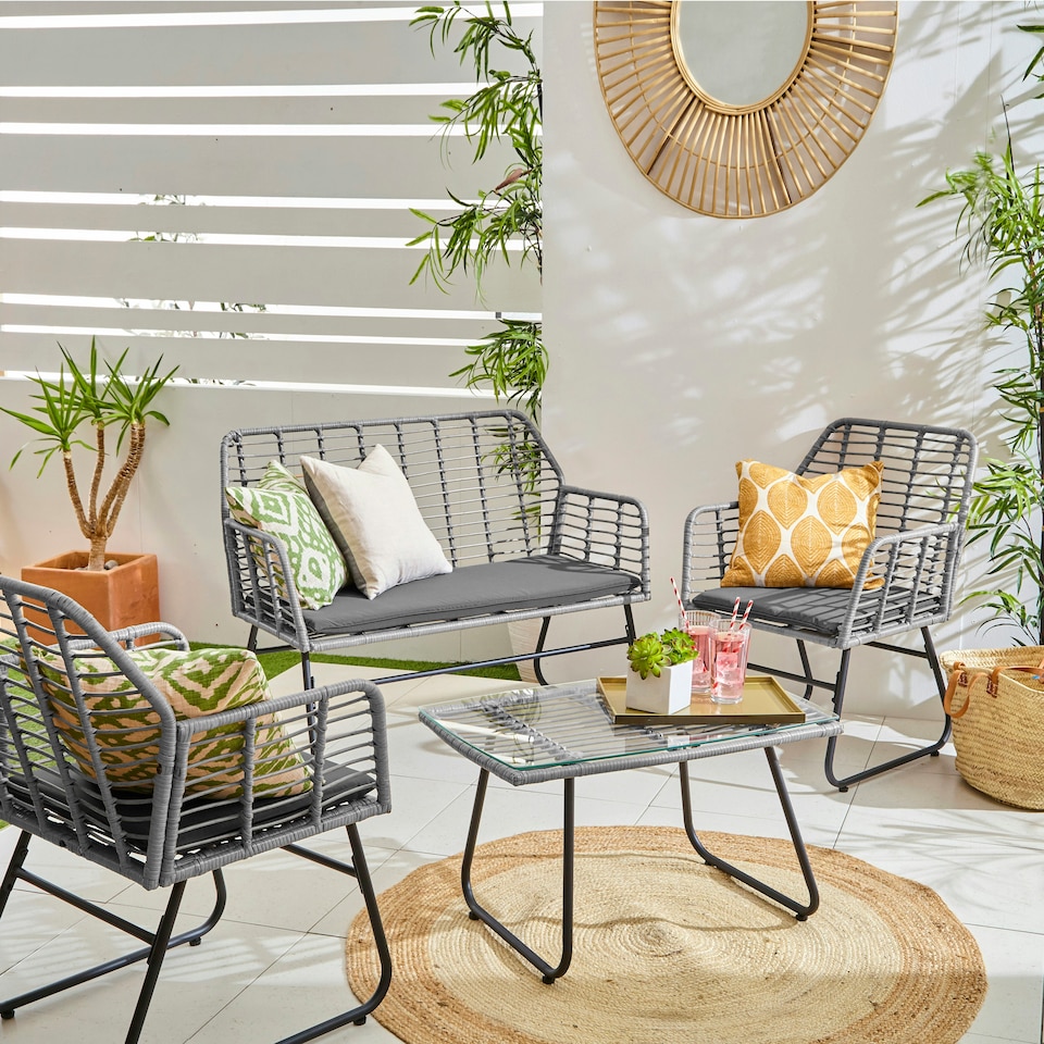 image 1 of Neo Grey 4 Piece Wicker Bamboo Style Garden Sofa, Table & Chairs Set