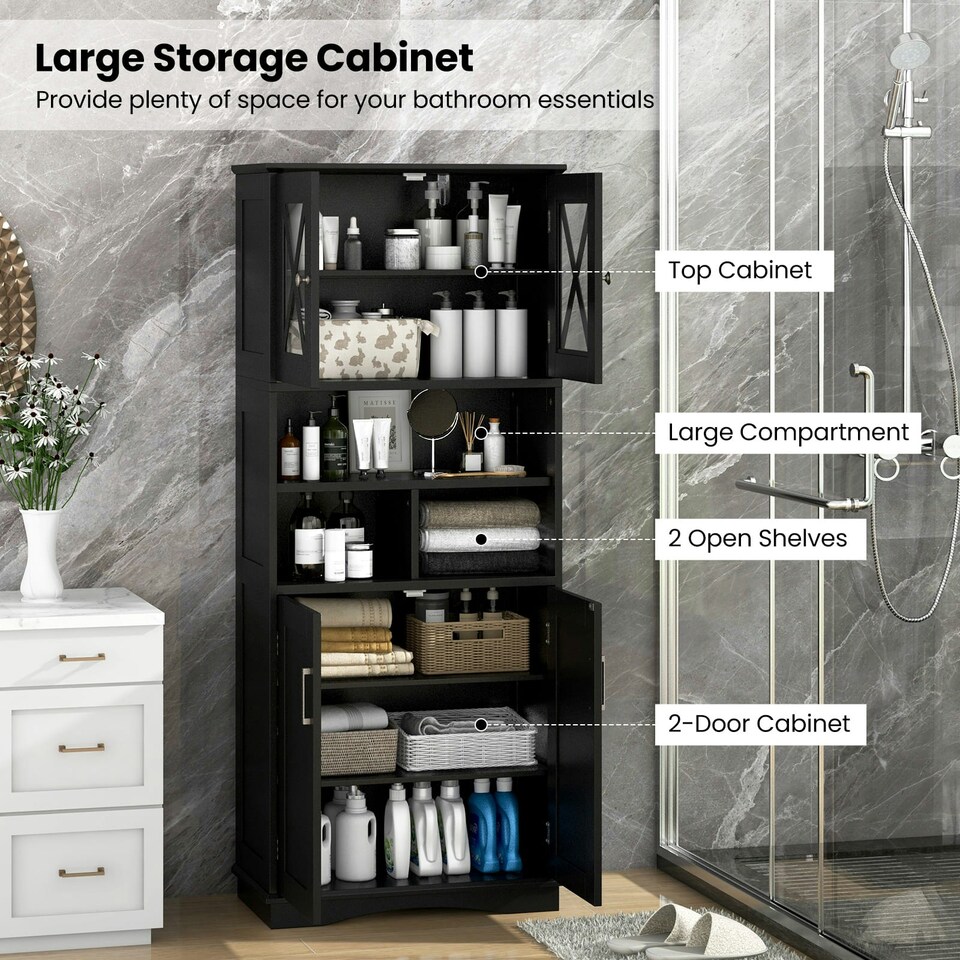 image 1 of COSTWAY Tall Bathroom Cabinet Floor Storage Cabinet Black