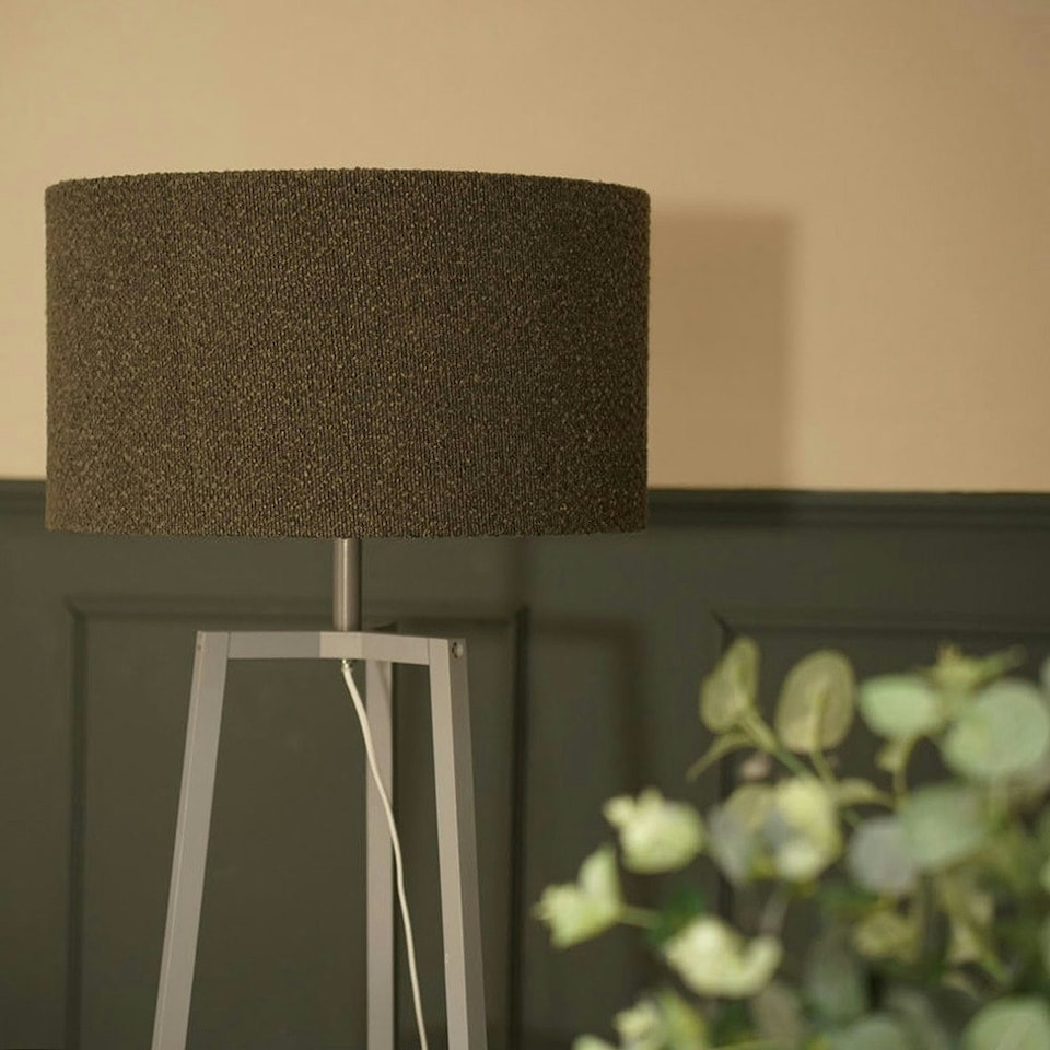 image 1 of ValueLights Hiru Grey 3 Tier Shelf Floor Lamp with Large Charcoal Drum Shade and LED Bulb Grey