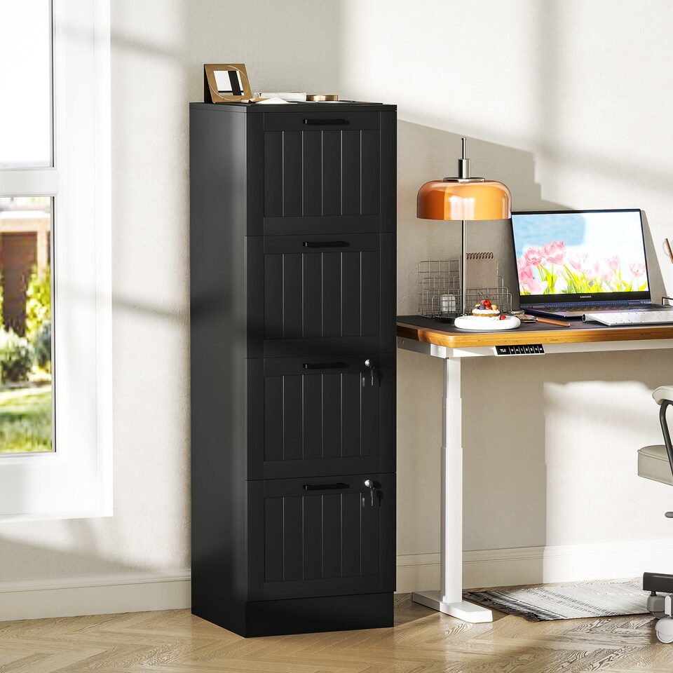 image 1 of HOMCOM 4 Drawer File Cabinet with Lock and Adjustable Hanging Bars, Black