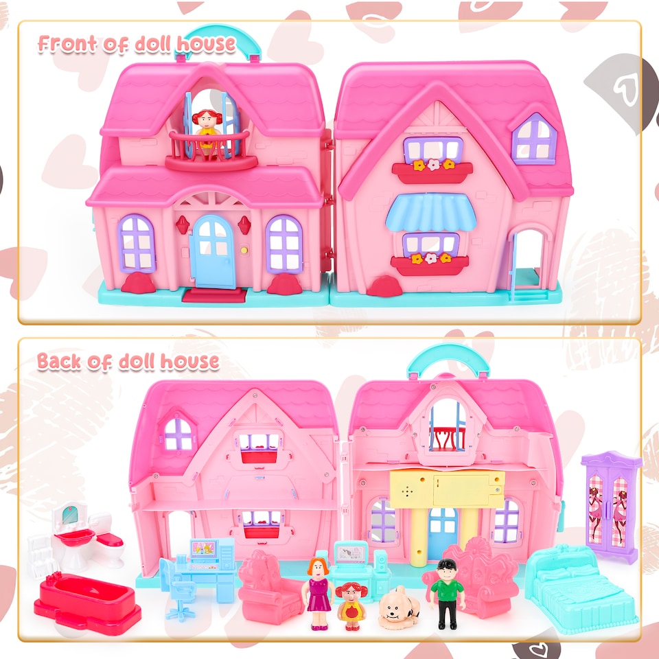 image 1 of Foldable Dollhouse Playset – Portable Carry Case with Dolls, Furniture & Animal Figures