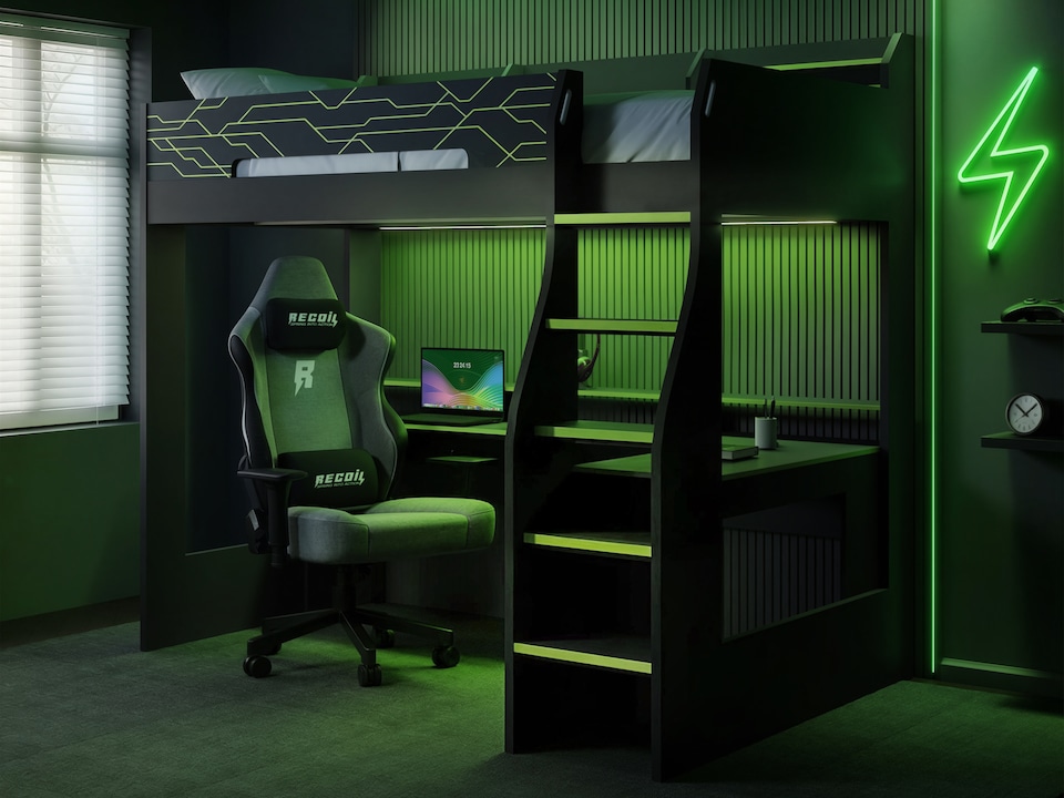 image 1 of Recoil Ultimate Vivid Gaming High Sleeper with Desk Charcoal & Green Small Double