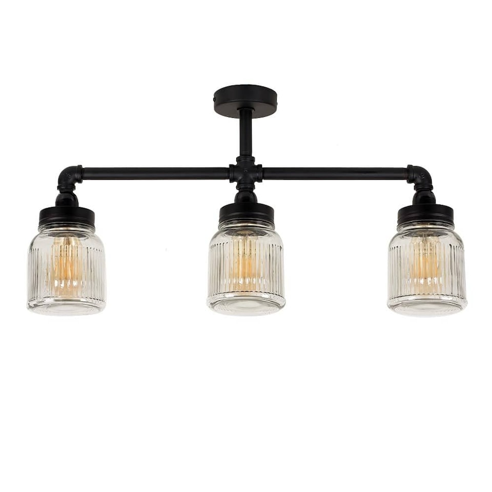 image 1 of ValueLights Luiggi 3 Way Black Ceiling Bar Light Clear Ribbed Glass Shades