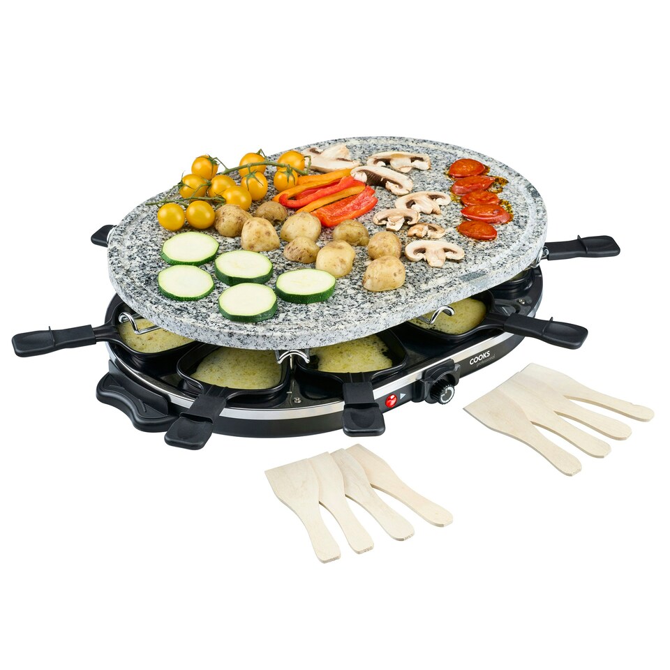 image 1 of Cooks Professional Electric Raclette Grill with Stone Plate 8 Cheese Fondue Pans