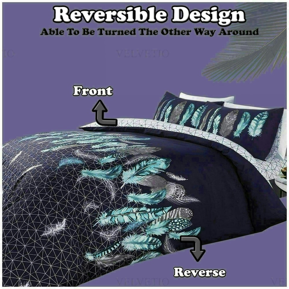 image 1 of VELVETIO Feathers Geometric Printed Duvet Cover Set Reversible Polycotton Beddings Grey | Single